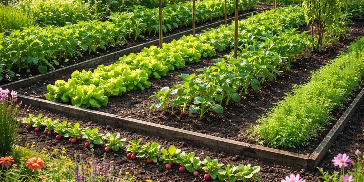 Potager débutant avec des légumes variés poussant dans des bacs et en pleine terre en Bretagne.