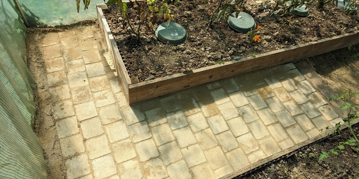 Aménagement intérieur d'une serre tunnel Gardenway avec bacs de culture, allée pavée et tomates cultivées sous abri.