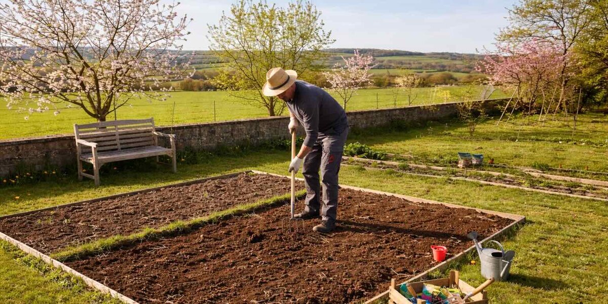 Bac de jardin avec herbes aromatiques au potager breton au printemps.