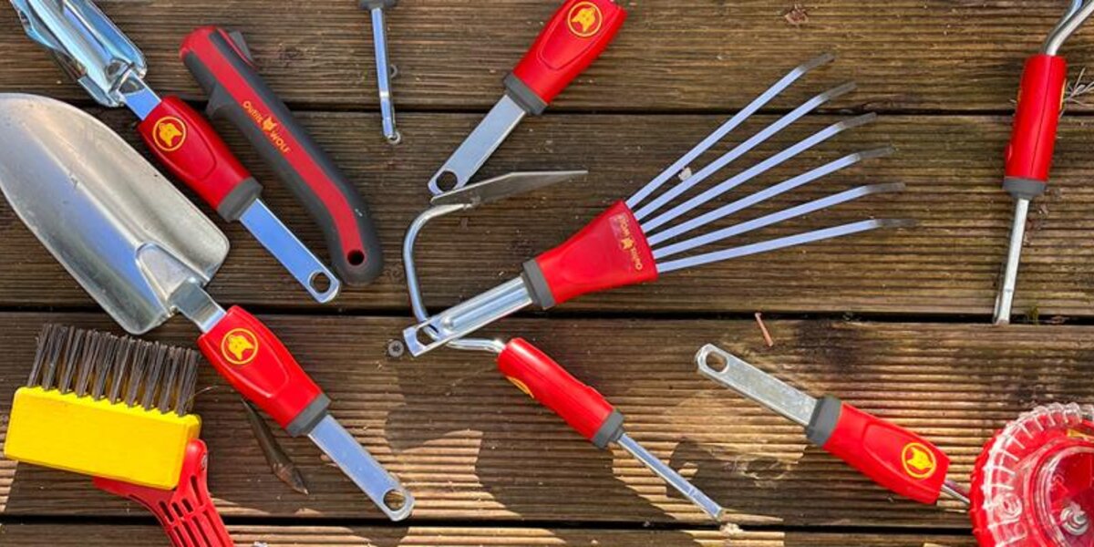 Gamme d'outils Wolf Multi-Star disposés sur une terrasse en bois, avec poignées rouges caractéristiques de la marque.